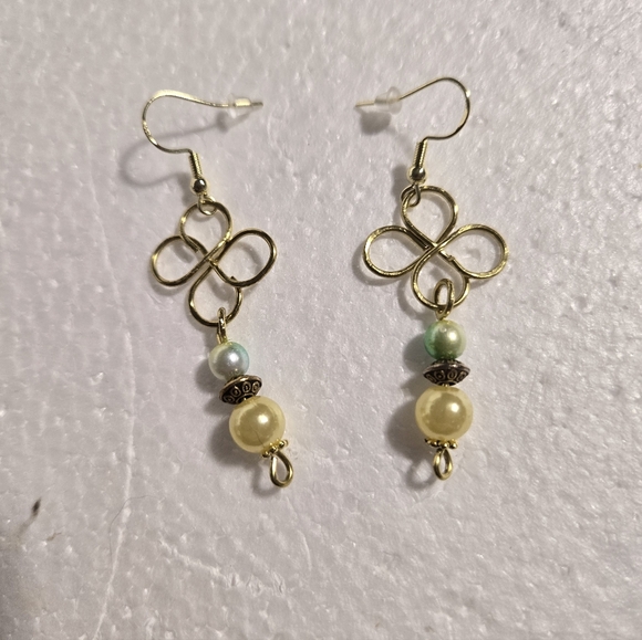 Hand Crafted Jewelry - Hand Crafted Gold Clover Dangle Earrings with Pale Yellow and Mint/Yellow Beads